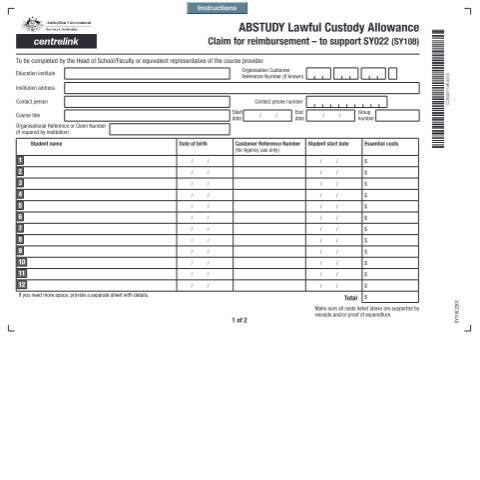 Document preview: ABSTUDY Lawful Custody Allowance claim for reimbursement form - to support SY022 — Services Australia — Individuals (by code), Australia (CERFA n°SY108)