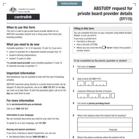 Document preview: ABSTUDY request for private board providers details — Services Australia — Individuals (by code), Australia (CERFA n°SY115)