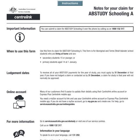 Document preview: Claim for ABSTUDY Schooling A — Services Australia — Individuals (by code), Australia (CERFA n°SY018)