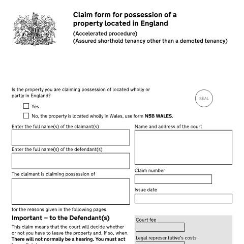 Document preview: Make an accelerated claim for possession of a property located wholly in England: Form N5B — HM Courts & Tribunals Service, United Kingdom