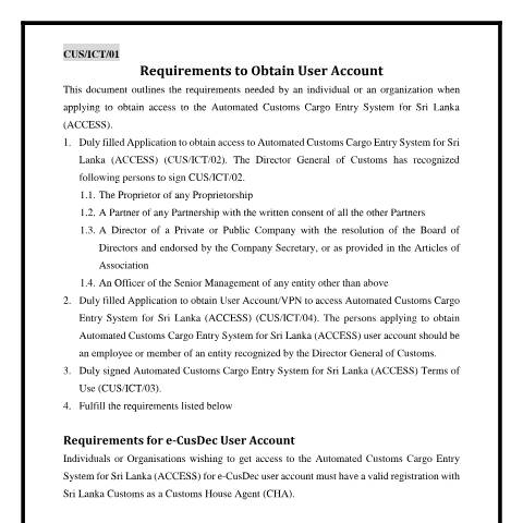 Document preview: ACCESS Application Form for Stakeholders (ASYCUDA Application Form) — ASYCUDA & System Access, Sri Lanka