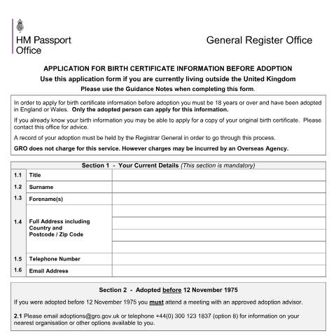 Document preview: Getting your birth certificate information before adoption: if you do not live in the UK — HM Passport Office, United Kingdom