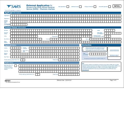 Document preview: INF001 – Access to SARS Electronic Interface – External Form — PDF Forms, South Africa (CERFA n°INF001)
