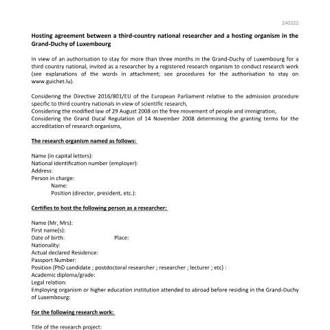Aperçu du document en Hosting agreement between a third-country national researcher and a hosting organism in the Grand-Duchy of Luxembourg — Immigration tiers chercheur, Luxembourg (CERFA n°convention-accueil-chercheur)