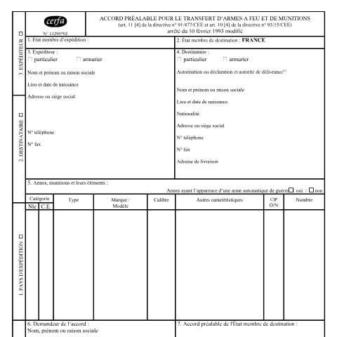 Aperçu du document Accord préalable pour le transfert d'armes à feu et de munitions — Particuliers, France (CERFA n°11290*02)