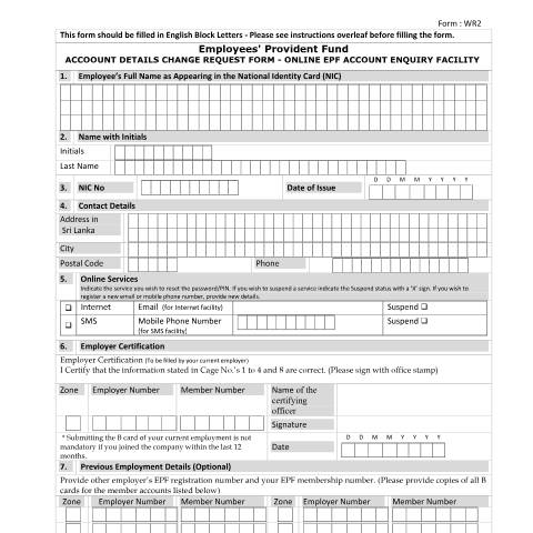 Document preview: Account Details Change Request Form (WR2) — Forms Related to Members, Sri Lanka