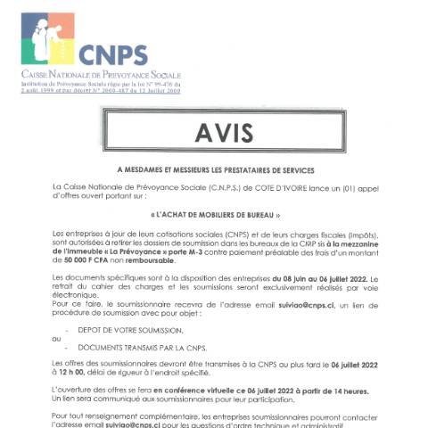 Aperçu du document ACHAT DE MOBILIERS DE BUREAU — Document CNPS (prévoyance sociale), Côte d'Ivoire