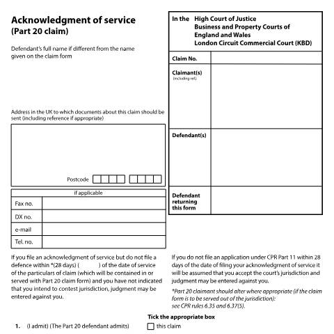 Document preview: Acknowledge service of a CPR Part 20 claim in the London Commercial Court: Form N213(LCC) — HM Courts & Tribunals Service, United Kingdom