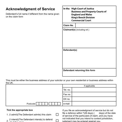 Document preview: Acknowledge service of a claim in the Commercial Court: Form N9(CC) — HM Courts & Tribunals Service, United Kingdom