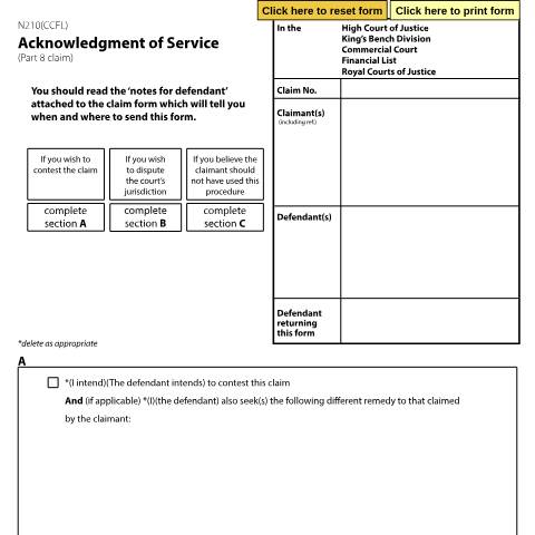Document preview: Acknowledgement of Service - Commercial Court Financial List: Form N210(CCFL) — HM Courts & Tribunals Service, United Kingdom