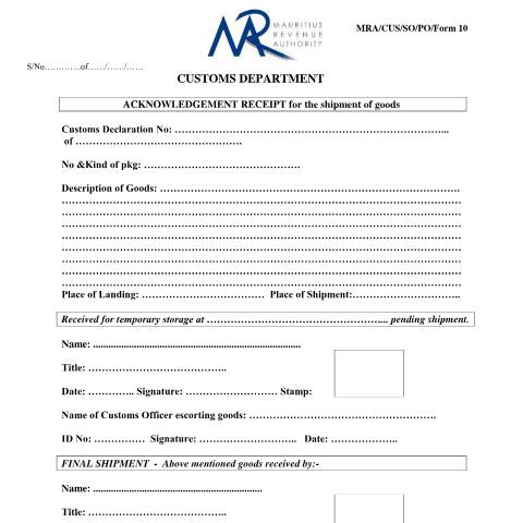 Document preview: Acknowledgement Receipt for shipment of Goods — Document, Mauritius (CERFA n°AcknowledgementReceipt4shipmentGoods)
