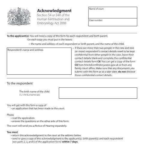 Document preview: Acknowledgment of an application under Section 54 of the Human Fertilisation and Embryology Act 2008: Form C52 — HM Courts & Tribunals Service, United Kingdom