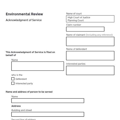 Document preview: Acknowledge service of an environmental review claim: Form N467PC — HM Courts & Tribunals Service, United Kingdom