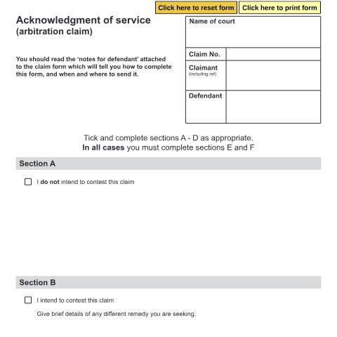 Document preview: Acknowledgment of service (Arbitration claim): Form N15 — HM Courts & Tribunals Service, United Kingdom