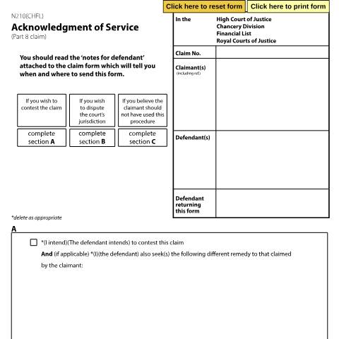 Document preview: Acknowledgment of Service - Chancery Division Financial List: Form N210(CHFL) — HM Courts & Tribunals Service, United Kingdom