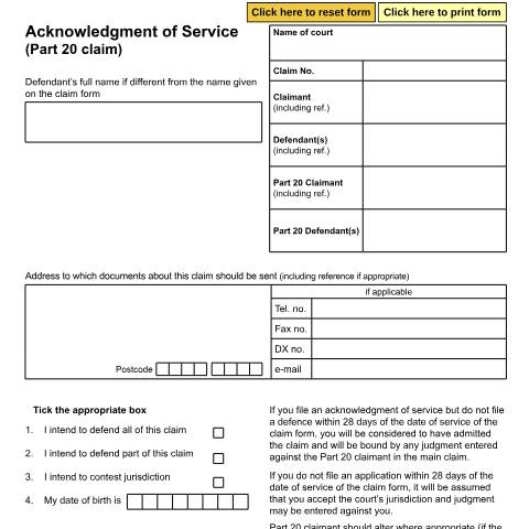 Document preview: Acknowledgment of service (Part 20 claim): Form N213 — HM Courts & Tribunals Service, United Kingdom