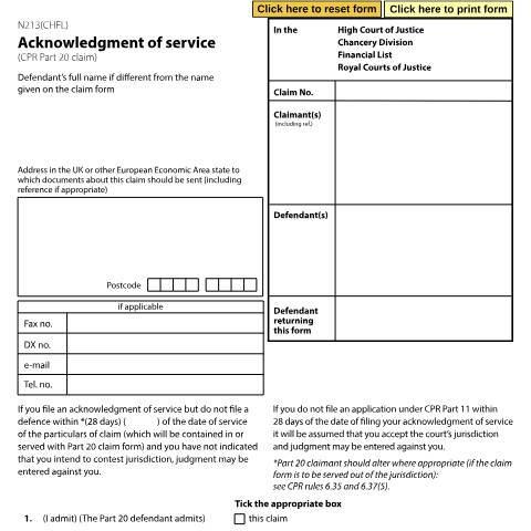 Document preview: Acknowledgment of Service - Chancery Division Financial List: Form N213(CHFL) — HM Courts & Tribunals Service, United Kingdom