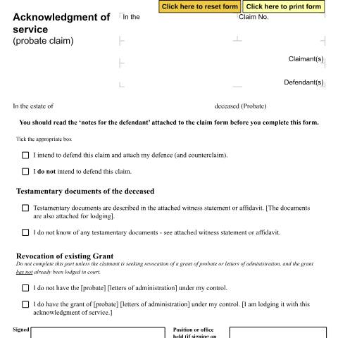 Document preview: Acknowledgment of service (probate claim): Form N3 — HM Courts & Tribunals Service, United Kingdom
