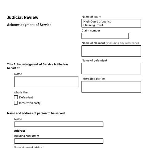 Document preview: Acknowledge service of a judicial review claim: Form N462PC — HM Courts & Tribunals Service, United Kingdom
