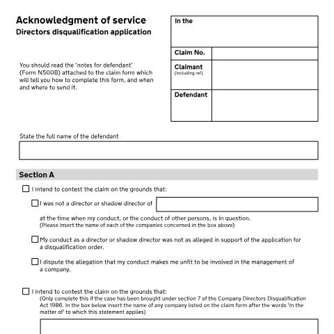 Document preview: Acknowledgment of service – section 8 directors disqualification application: Form N502 — HM Courts & Tribunals Service, United Kingdom