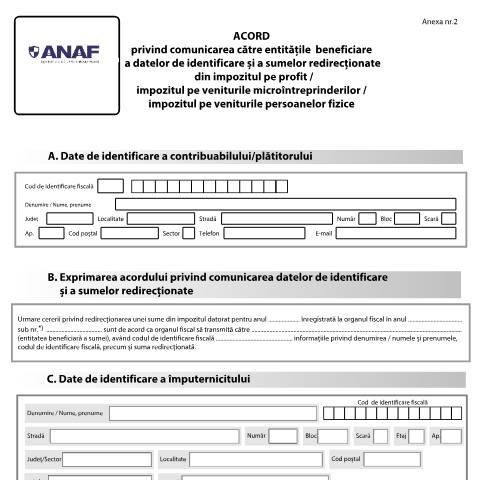 Document preview: Acord privind comunicarea către entitățile beneficiare a datelor de identificare și a sumelor redirecționate din impozitul pe profit / impozitul pe veniturile microîntreprinderilor / impozitul pe veniturile persoanelor fizice (OPANAF 6228/2024) — Alte documente, România (CERFA n°A2_OPANAF_6228_2024)