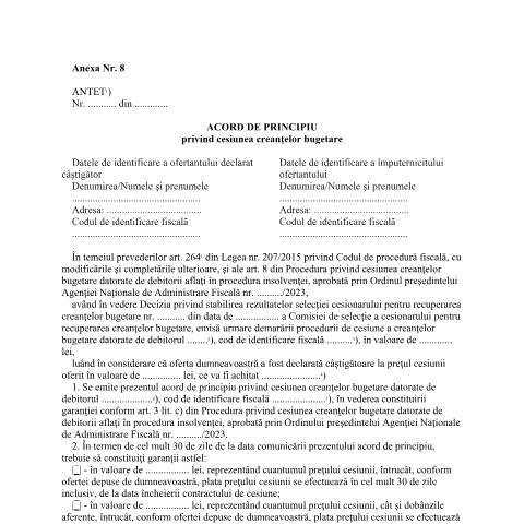 Document preview: Acord de principiu privind cesiunea creanțelor bugetare (OPANAF 1940/2023) — Documente emise, România (CERFA n°A8_OPANAF_1940_2023)