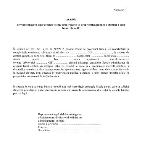 Document preview: Acord privind stingerea unor creanțe fiscale prin trecerea în proprietatea publică a statului a unor bunuri imobile (OPANAF 6942/2024) — Documente emise, România (CERFA n°A3_OPANAF_6942_2024)