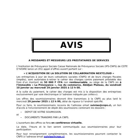 Aperçu du document AVIS DE PARUTION ACQUISITION NEXCLOUD — Document CNPS (prévoyance sociale), Côte d'Ivoire