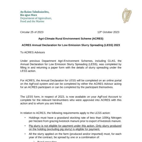 Document preview: ACRES - Information for Advisors — acres circular 25 of 2023 acres annual declaration for low emission slurry spreading l — Department of Agriculture, Food and the Marine, Ireland (CERFA n°OF2023)