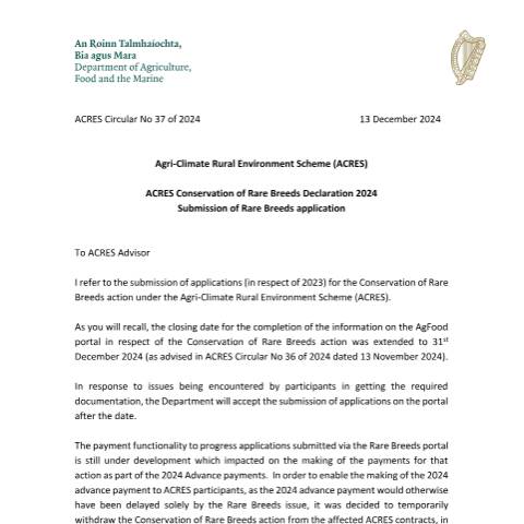 Document preview: ACRES - Information for Advisors — acres circular no 37 of 2024 acres conservation of rare breeds declaration 2024 submis — Department of Agriculture, Food and the Marine, Ireland (CERFA n°NO37)