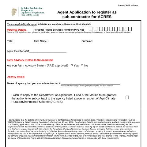Document preview: ACRES Advisors — dafm acres subcon form — Department of Agriculture, Food and the Marine, Ireland