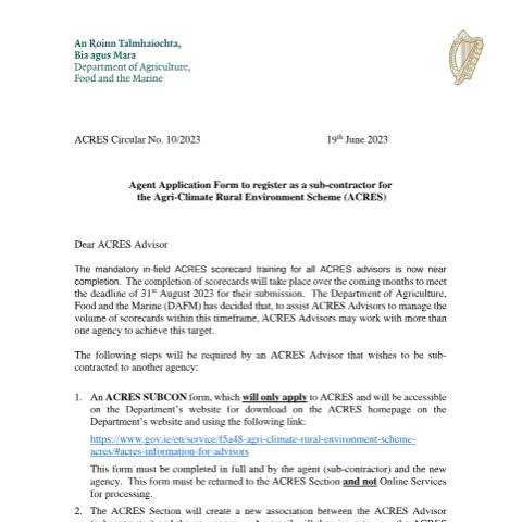 Document preview: ACRES - Information for Advisors — acres circular no 102023 agent application form to register as a sub contractor for th — Department of Agriculture, Food and the Marine, Ireland