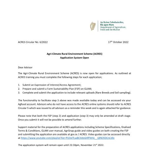 Document preview: ACRES - Information for Advisors — circular 6 application system open — Department of Agriculture, Food and the Marine, Ireland