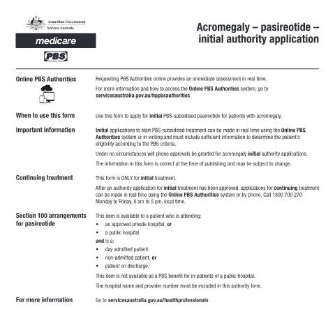 Document preview: Acromegaly - pasireotide - initial authority application form (PB181) — Services Australia — Health professionals, Australia (CERFA n°PB181)