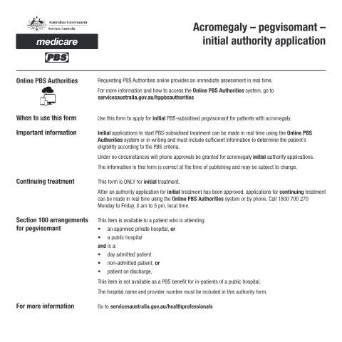 Document preview: Acromegaly - pegvisomant - initial authority application form (PB225) — Services Australia — Health professionals, Australia (CERFA n°PB225)