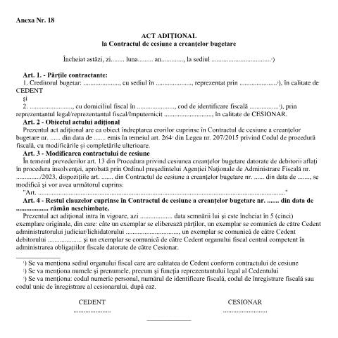 Document preview: Act adițional la contractul de cesiune a creanțelor bugetare (OPANAF 1940/2023) — Documente emise, România (CERFA n°A18_OPANAF_1940_2023)