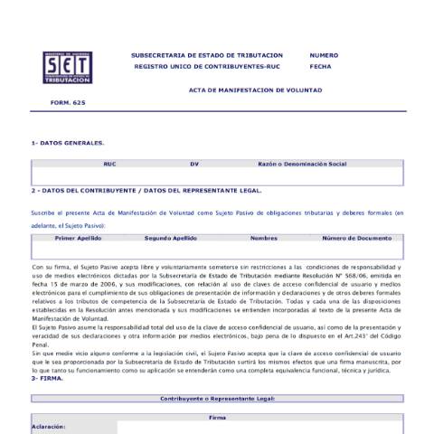 Vista previa del documento Formulario N° 625 - Acta de Manifestación de Voluntad — Otros Formularios, Paraguay (CERFA n°F625)