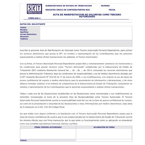 Vista previa del documento Acta de Manifestación de Voluntad Terceros Autorizados Form. 646 — Otros Formularios, Paraguay (CERFA n°F646)