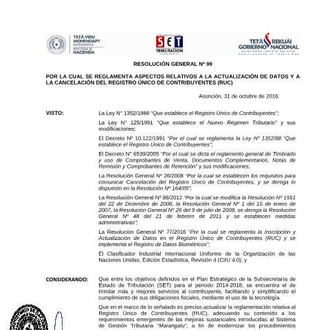 Vista previa del documento Resolución General Nº 099 16 — Registro Único De Contribuyentes Ruc, Paraguay