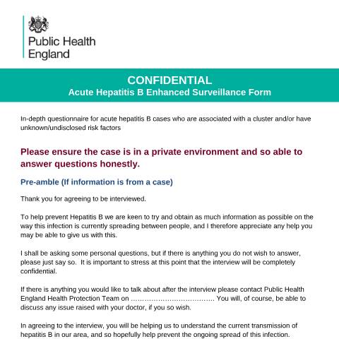 Document preview: Acute hepatitis B: enhanced surveillance questionnaire — Public Health England, United Kingdom