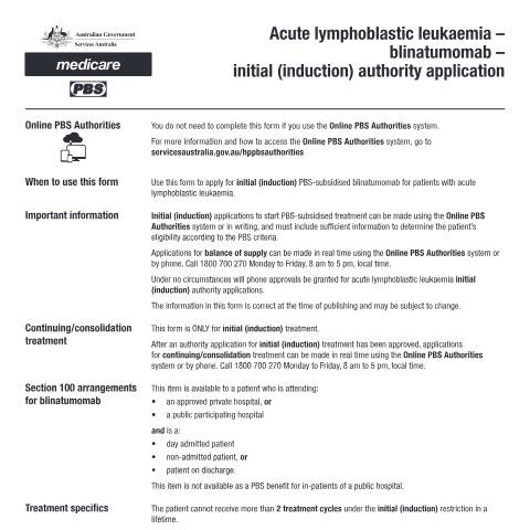 Document preview: Acute lymphoblastic leukaemia - blinatumomab - initial (induction) authority application form (PB210) — Services Australia — Health professionals, Australia (CERFA n°PB210)