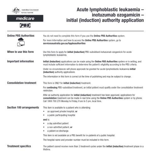 Document preview: Acute lymphoblastic leukaemia - inotuzumab ozogamicin - initial (induction) authority application form (PB269) — Services Australia — Health professionals, Australia (CERFA n°PB269)