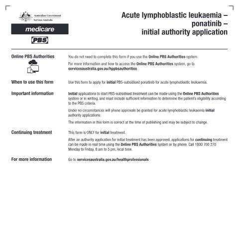 Document preview: Acute lymphoblastic leukaemia - ponatinib - initial authority application form (PB169) — Services Australia — Health professionals, Australia (CERFA n°PB169)