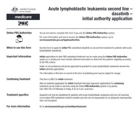 Document preview: Acute lymphoblastic leukaemia second line - dasatinib - initial authority application form (PB077) — Services Australia — Health professionals, Australia (CERFA n°PB077)