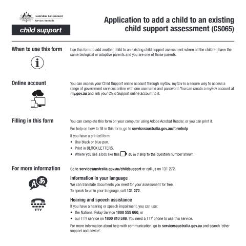 Document preview: Application to add a child to an existing child support assessment — Services Australia — Individuals (by code), Australia (CERFA n°CS065)