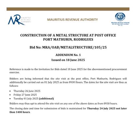 Document preview: Addendum No. 1 (18.06.2025) — Document, Mauritius (CERFA n°AddendumNo1_ Metal)