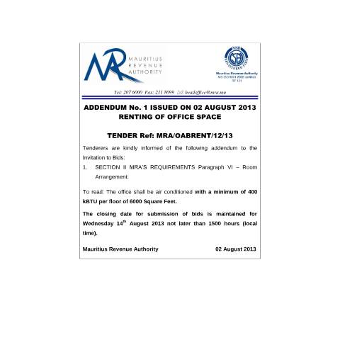 Document preview: Addendum No 1 - Renting of Office Space (02.08.2013) — Document, Mauritius (CERFA n°Addendum1RentalOffice)