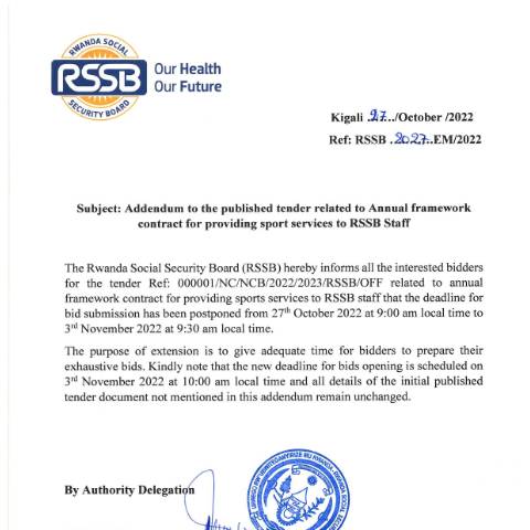 Document preview: ADDENDUM TO TENDER OF SPORT SERVICES — Document, Rwanda (CERFA n°ADDENDUM_TO_TENDER_OF_SPORT_SERVICES_2304697521)