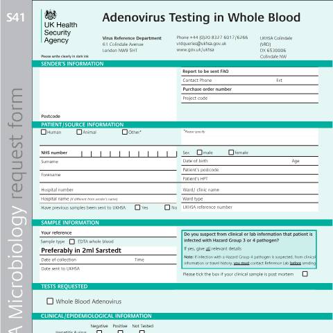 Document preview: Adenovirus testing in whole blood request form — UK Health Security Agency, United Kingdom
