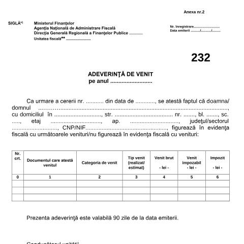 Document preview: Adeverință de venit (OPANAF 1048/2024) — Documente emise, România (CERFA n°A2_232_adeverinta_OPANAF_1048_2024)